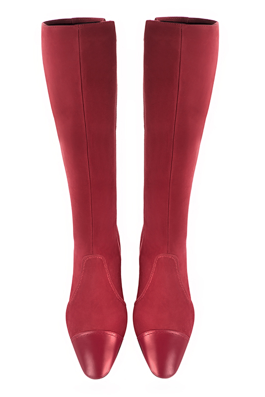 Custom-made women's cardinal red and burgundy red elegant classic knee-high boots. Round toe. Medium block heels - Top view
